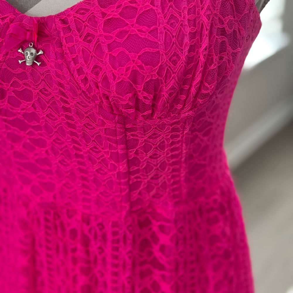 Betsey Johnson Dress Hot Pink Long Lace Dress Size 6 - Picture 7 of 10